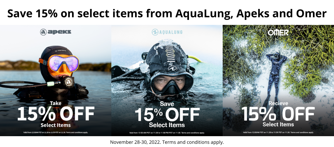 Save 15% on select gear from AquaLung, Apeks and Omer