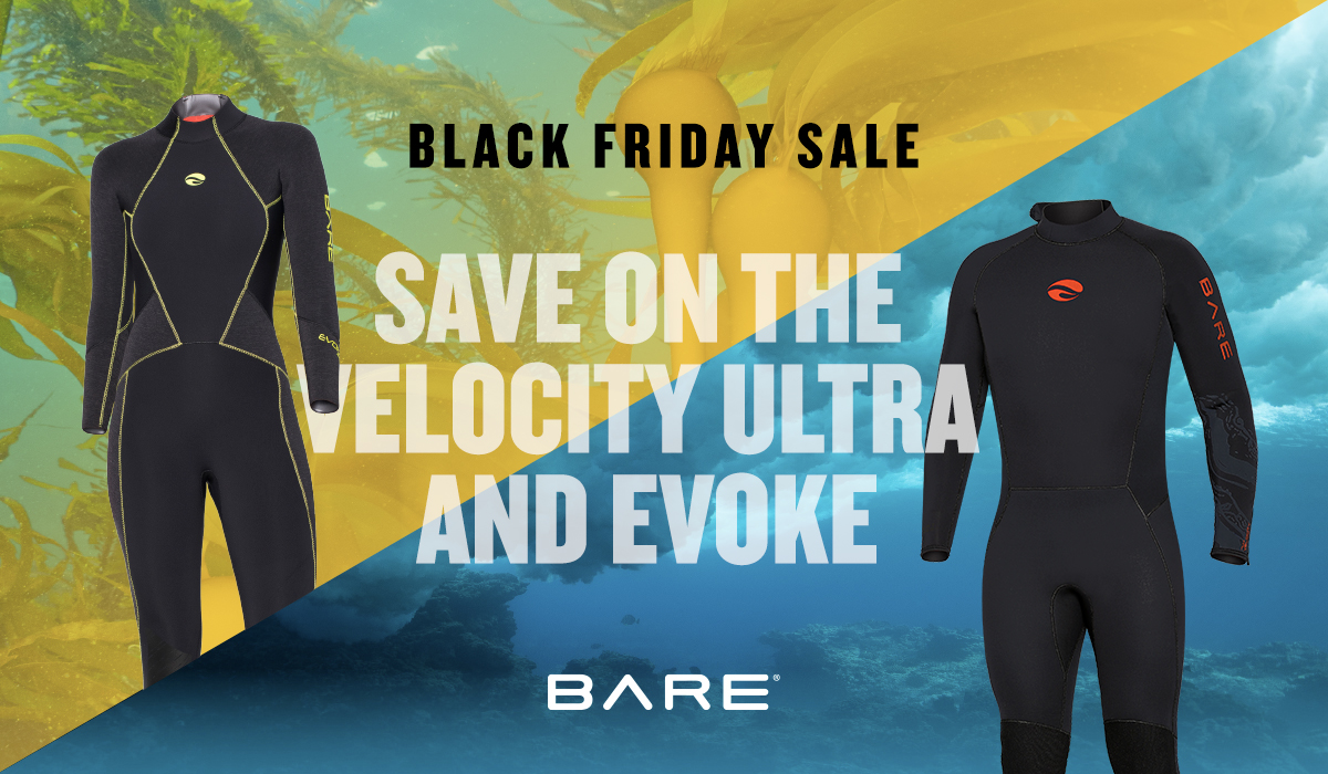 Save up to $130 on a new BARE Velocity Ultra or Evoke wetsuit
